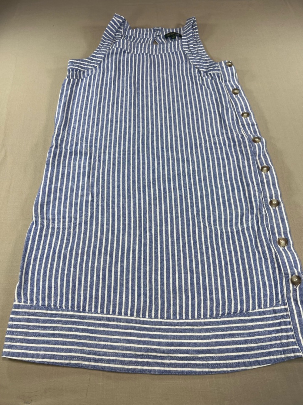 For Cynthia Women’s Blue White Stripe Linen Sleeveless Shift Dress Side Buttons - Picture 12 of 16